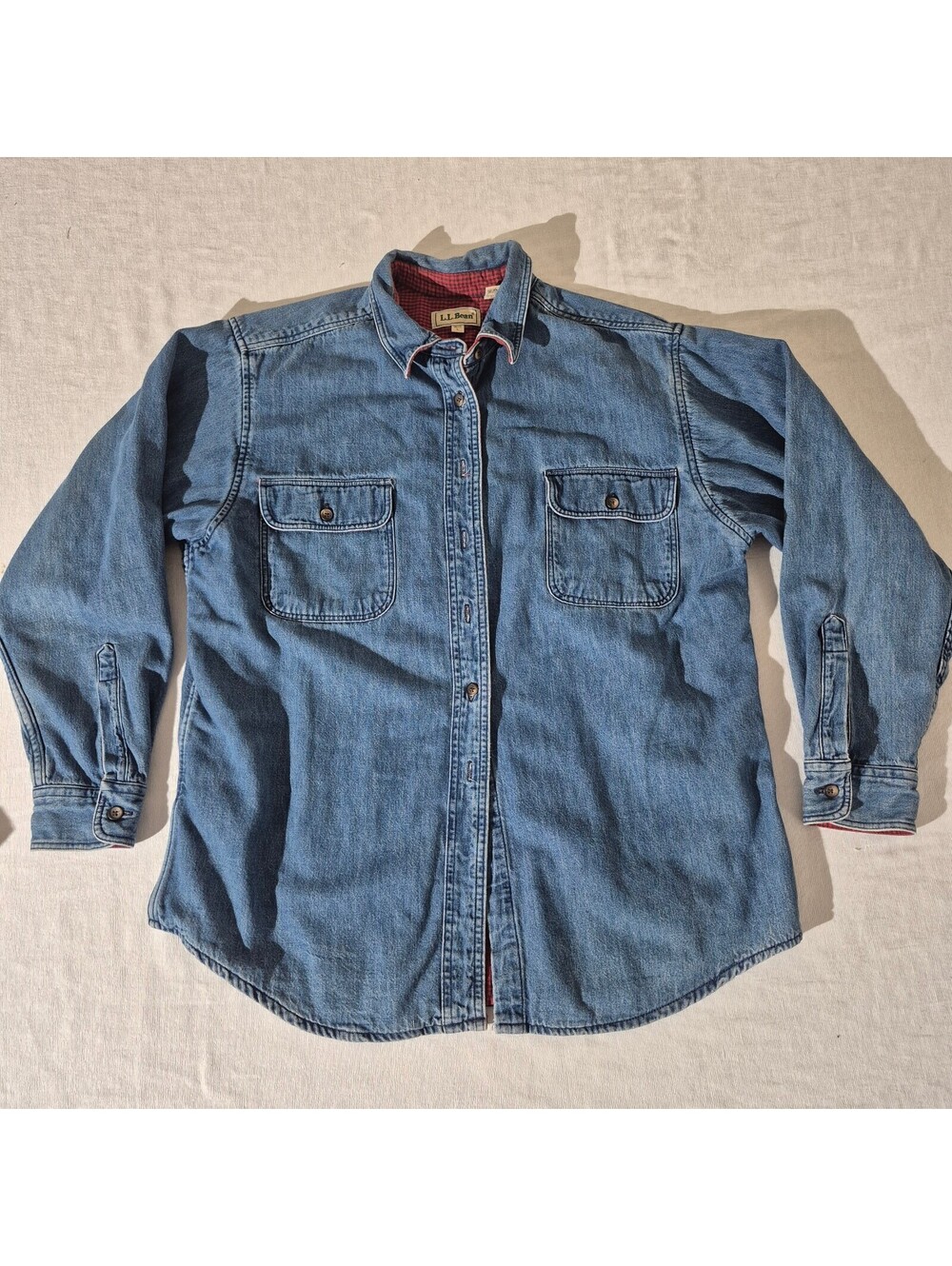 LL Bean Womens Denim Large Short Shacket Flannel Blanket Lined Butonned